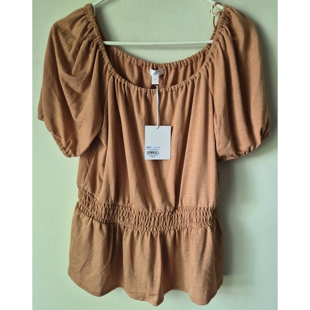 Lauren Conrad Top Orange Silver Stripe Thread Smocked Waist Ruffle Peplum Size M